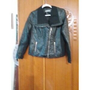 Bagatelle Women’s Medium Faux Black Leather  With Wool Border Zip Up Jacket.b26